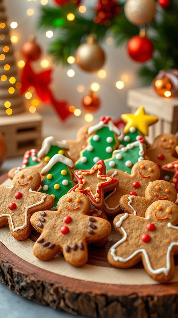 Decorated gingerbread cookies in festive shapes on a wooden platter with holiday lights in the background.